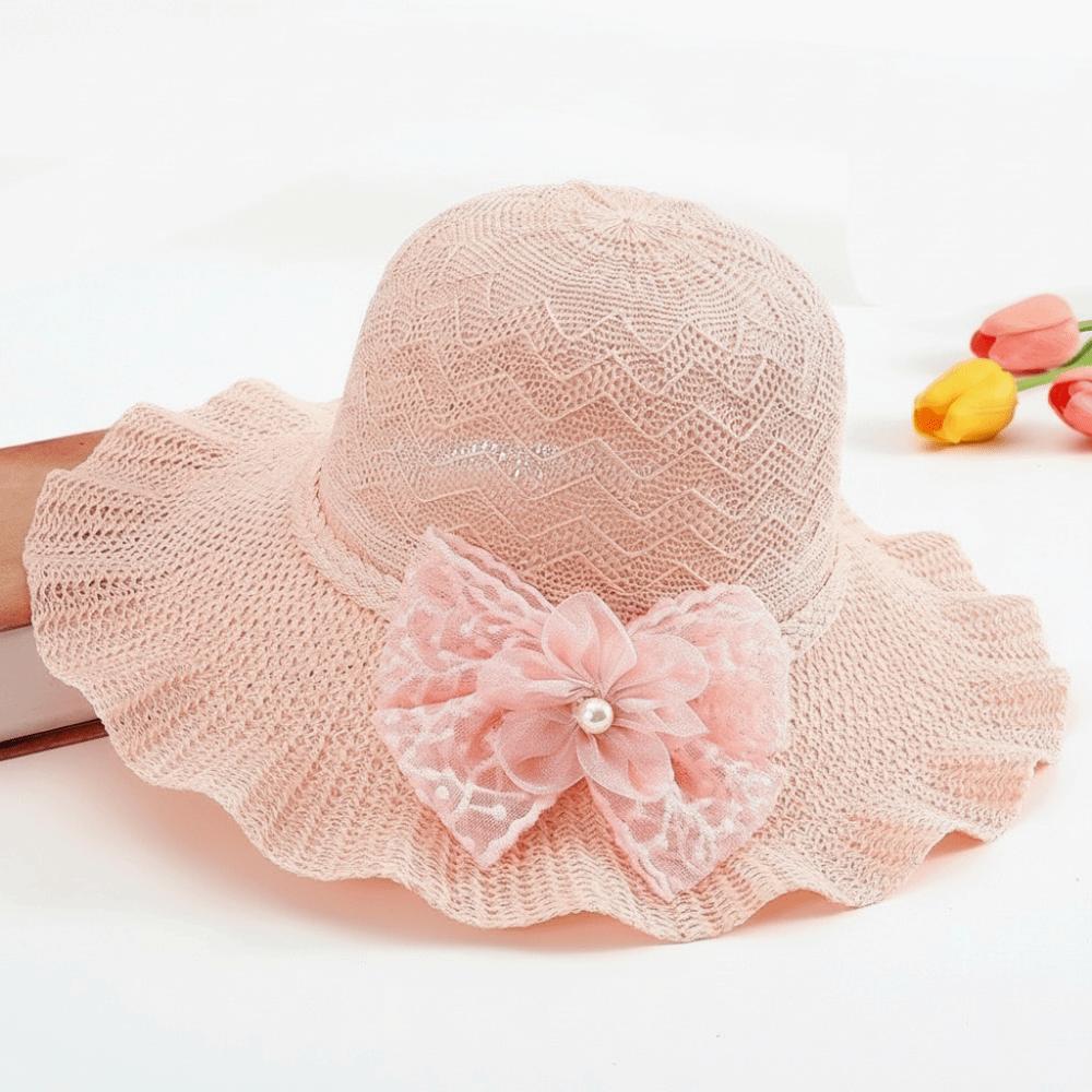 Lace Bow Wide Brim Knitted Hat Solid Color Beach Sun Hat Fashion UV Protection Cap Travel