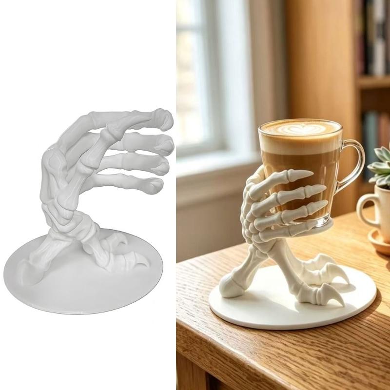 Белый пластиковый держатель для стакана на Хэллоуин с 3D-печатной скелетной рукой, овальное основание для оригинального настольного дисплея в офисе или кабинете
