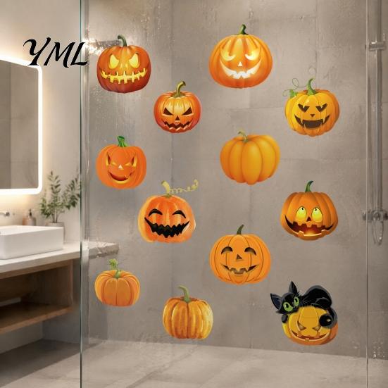 Non Scary Halloween Home Decor 3 Sheets Ghost Face Pumpkin Wall Sticker, Cute Black Cat Removable Stickers for Kids Decorative Decals, Waterproof PVC