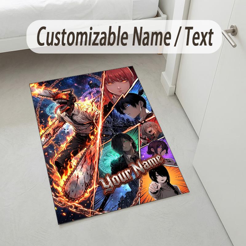 Personalized Crystal Velvet Carpet,Chainsaw Man Custom Printed Name, Plush Area Rug For Home Indoor Decor