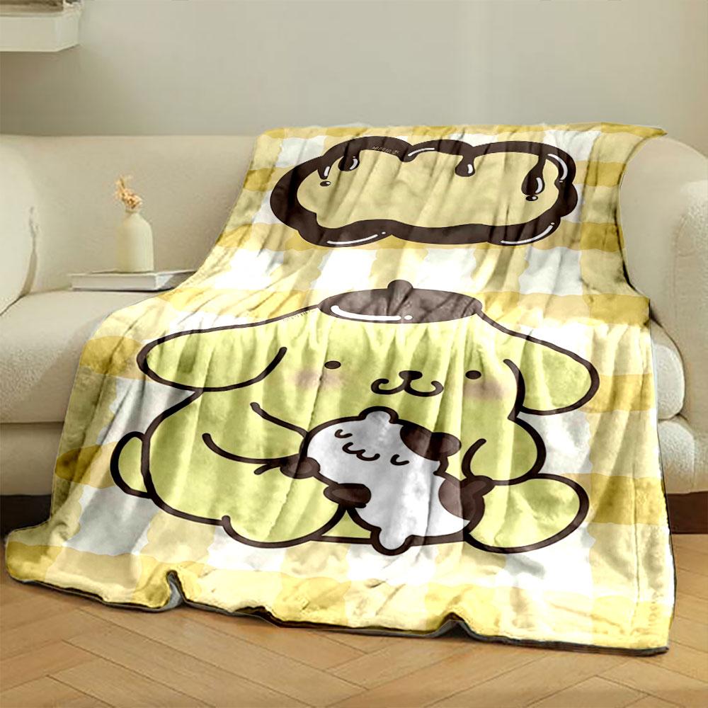 Yellow checkered background with a cartoon dog holding a smaller animal. for all seasons blanket lunch break throw gift