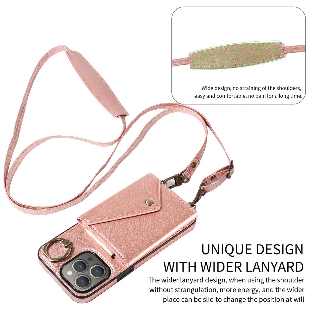 Для iPhone 15 серии. Для iPhone 15, 15 Plus, 15 Pro, 15 Pro Max плечевой ремень веревка кольцо кронштейн дизайн держатель для карт слоты личи узор чехол для телефона