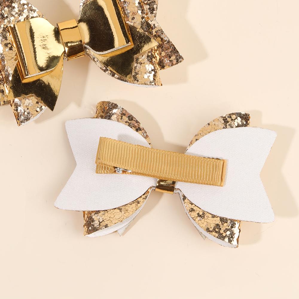 2Pcs Gold Sequin Bow Hair Clip Elegant Sparkly Glitter Leather Hairpin For Baby Girl Children's Daily Hair Headdress Accessories