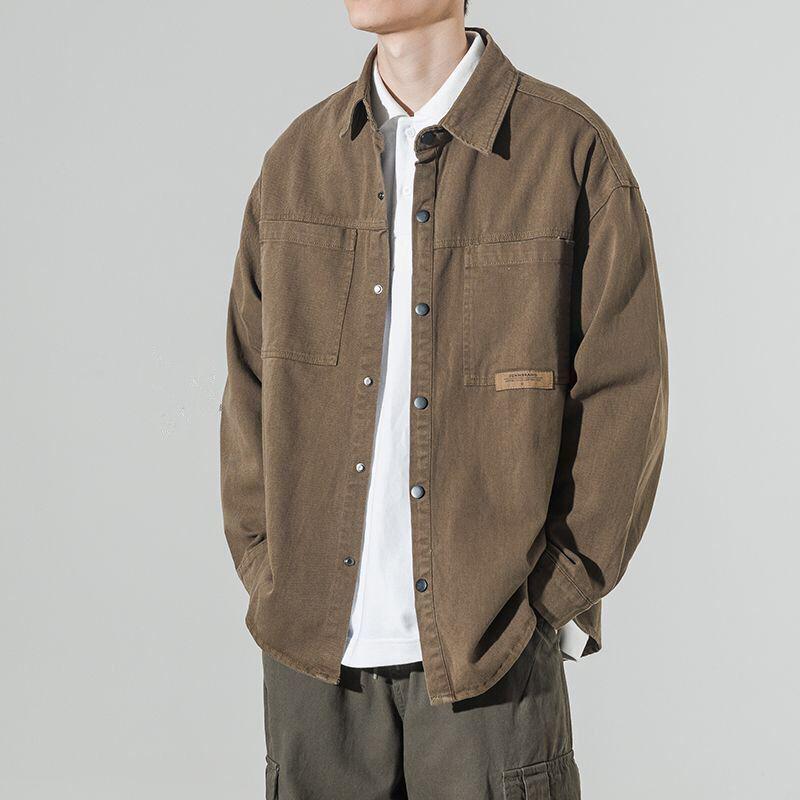 Мужская повседневная однотонная рабочая рубашка с лацканами — свободного покроя для весны и осени