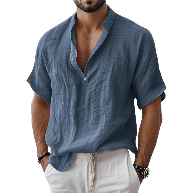 Мужская повседневная летняя рубашка-henley с коротким рукавом и воротником-стойкой, мятая текстура