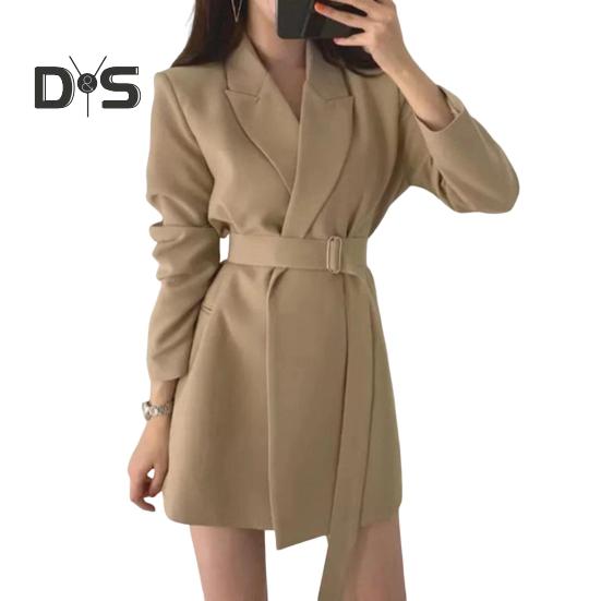 Женский пиджак с лацканами, длинным рукавом, поясом, пиджаком с боковыми карманами, однотонный, свободный крой, офисная женская верхняя одежда