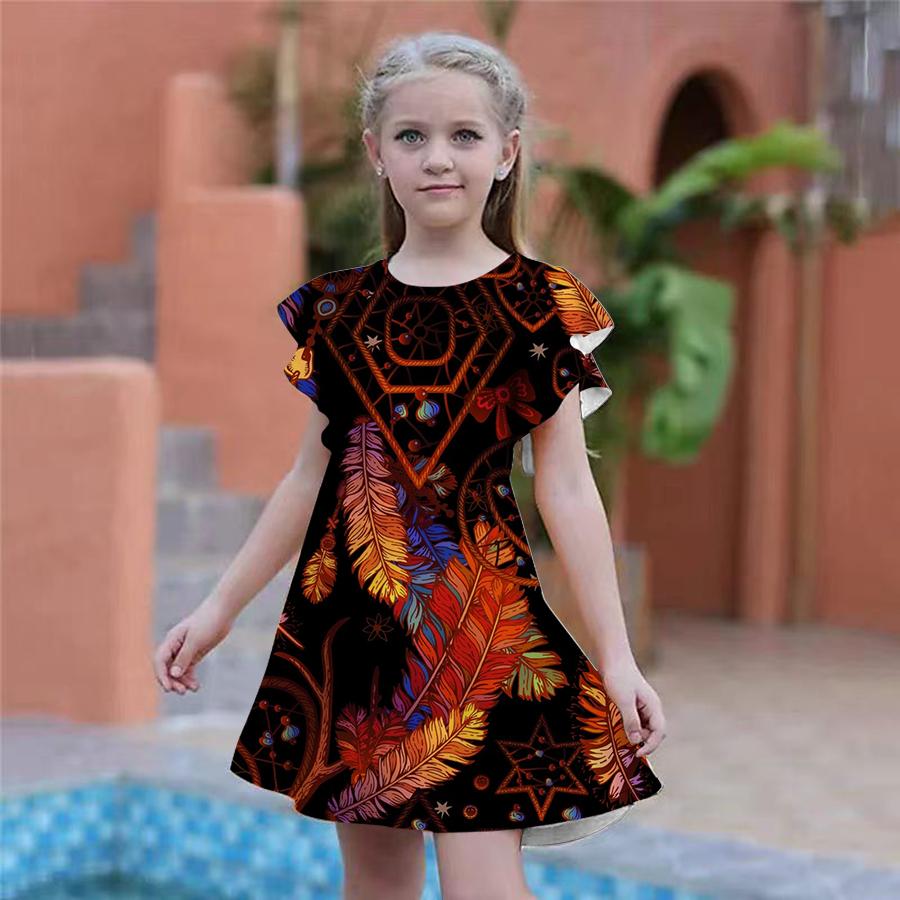 Girls Blue Shiny Feather Print Dresses Kids Girl Party Dress Loose Fitting Loose Fitting Short Sleeved Skirt For Girls Over Four Years Old
