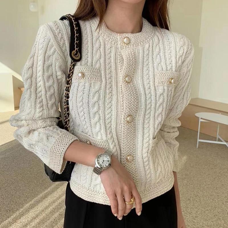 Элегантный вязаный кардиган, свитер, женский корейский модный кардиган с круглым вырезом и жемчужной пряжкой, женские свободные топы с длинными рукавами 28043
