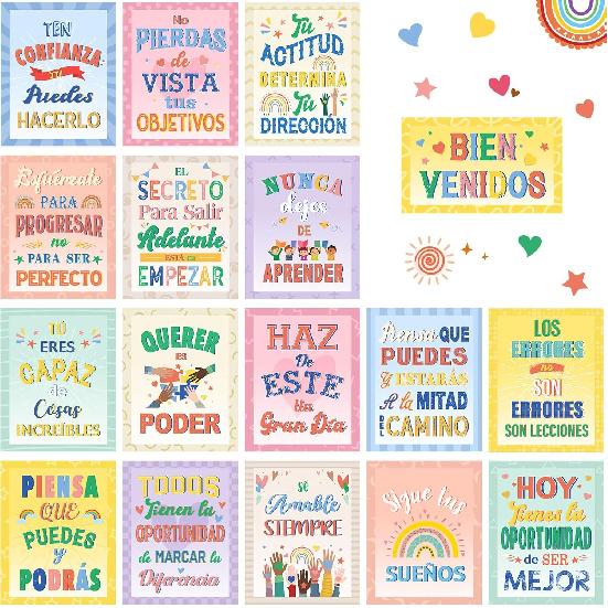 Outus 17 Pcs Spanish pirational Posters Bienvenidos Posters Motivational Decor Spanish Bulletin Board Hispanic Heritage Month Banners for Primary