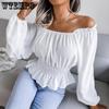 Long-sleeved Chiffon Blouse Women's One-shoulder Strapless Waist-skimming Ruffle Shirt Short Section Bottoming Tops