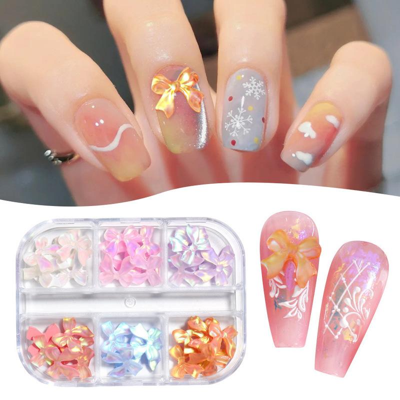 6 Grids 3D Cute Bow Nail Charms Holographic DIY Resin Aurora Decoration Valentine Nail Design Manicure Jewelry Accessories
