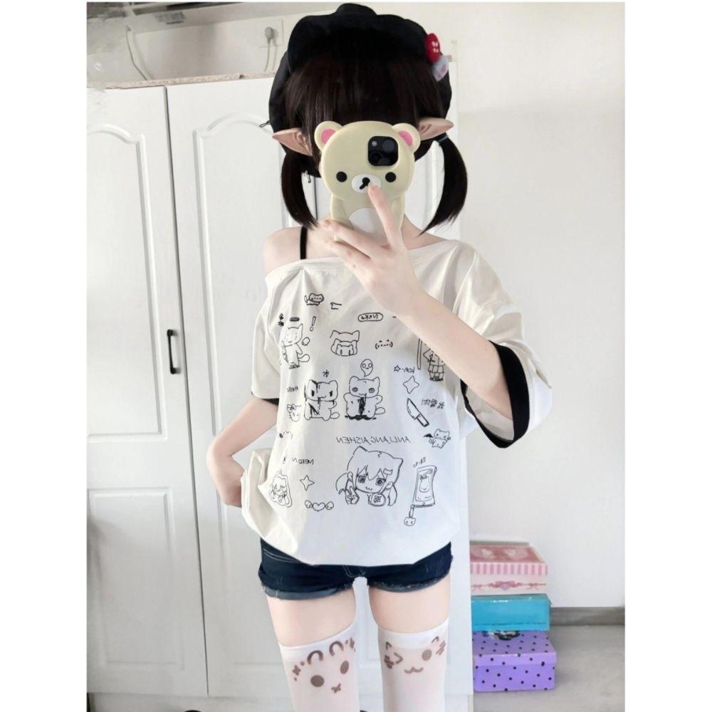 Футболки в стиле пэчворк Y2k Harajuku для женщин в японском стиле Kawaii Sweet Gothic с мультяшным принтом свободные футболки топы мягкие для девочек