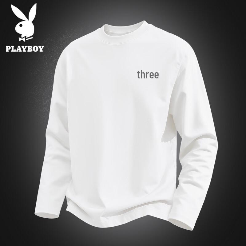 PLAYBOY Men's Pure Cotton Long-Sleeve Casual Crew Neck T-Shirt