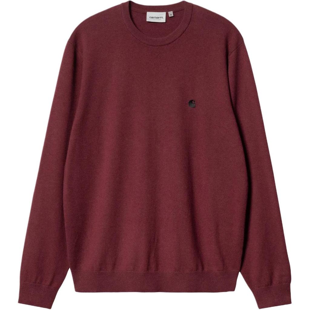 Carhartt WIP Свитер женский FW24 с вышитым логотипом, рубчатый край, однотонный, повседневный, с круглым вырезом, цвет Глубокий красный I030841-2CP-XX