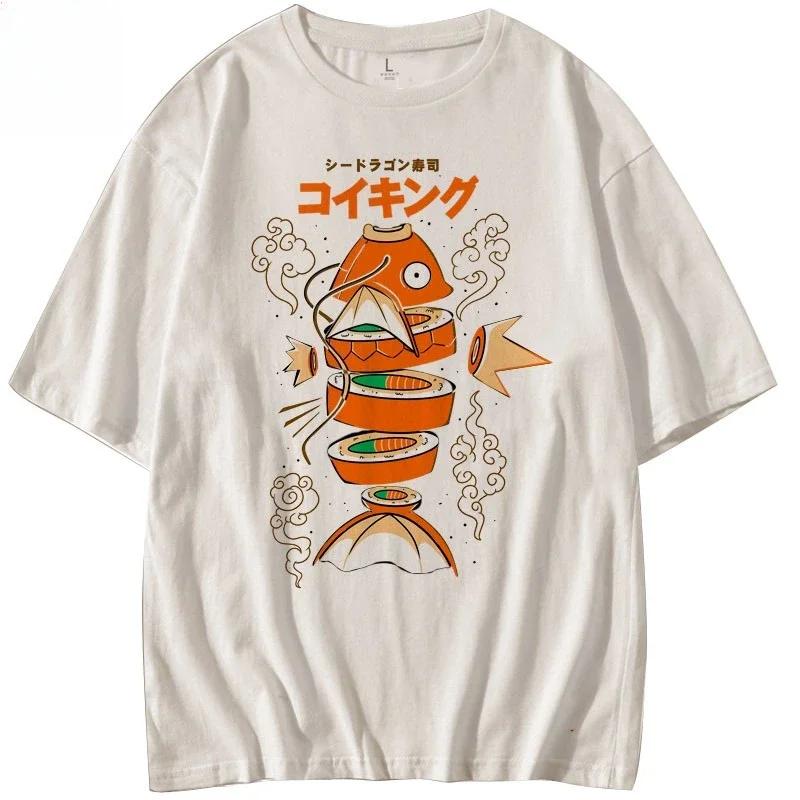 Japanese Style King Carp Magikarp Sushi Sashimi Short Sleeved Pure Cotton Tshirt Loose Unisexs and Unisexs Summer Tops