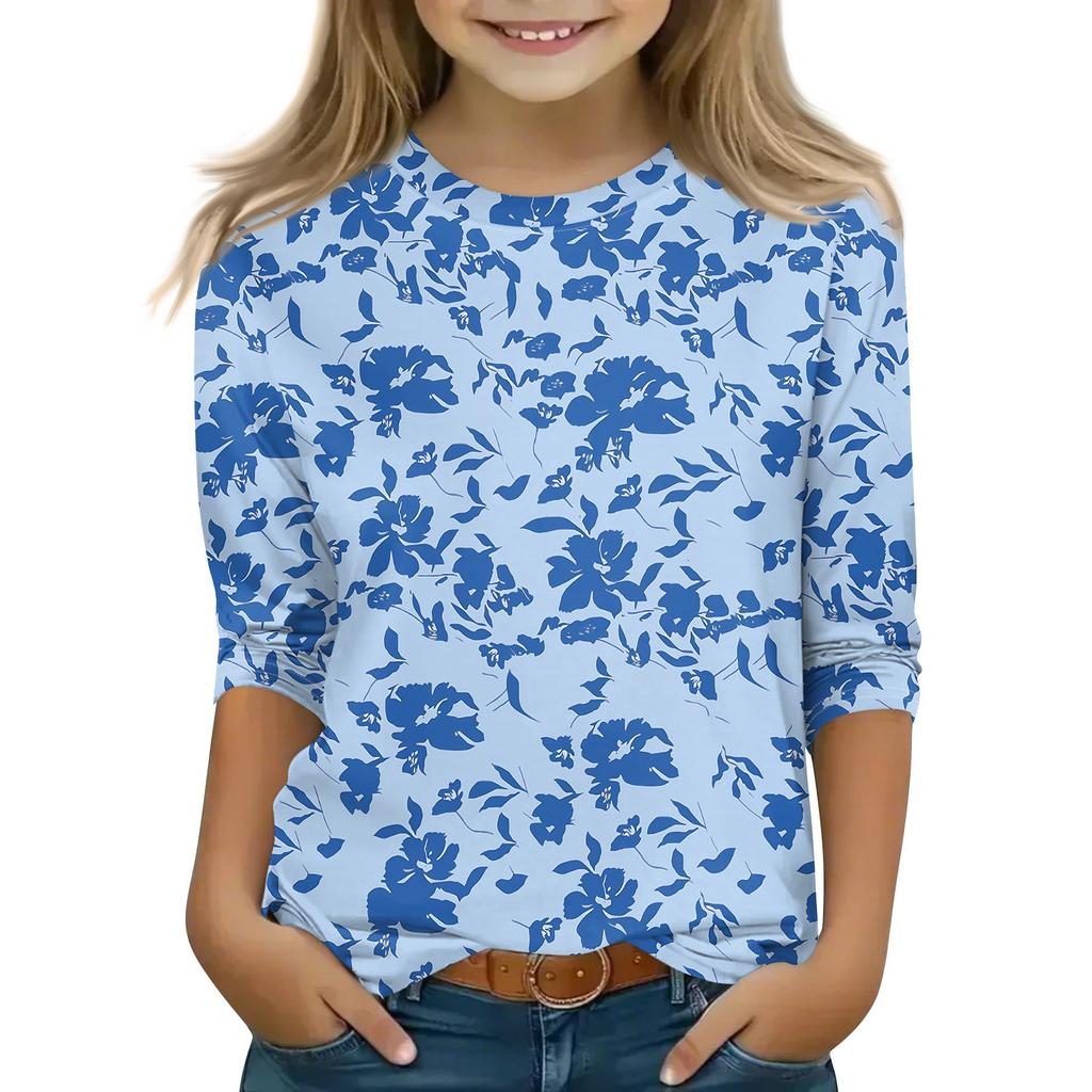 Детская футболка с рукавом 3/4, повседневная футболка с принтом, круглый вырез, блузка-пуловер