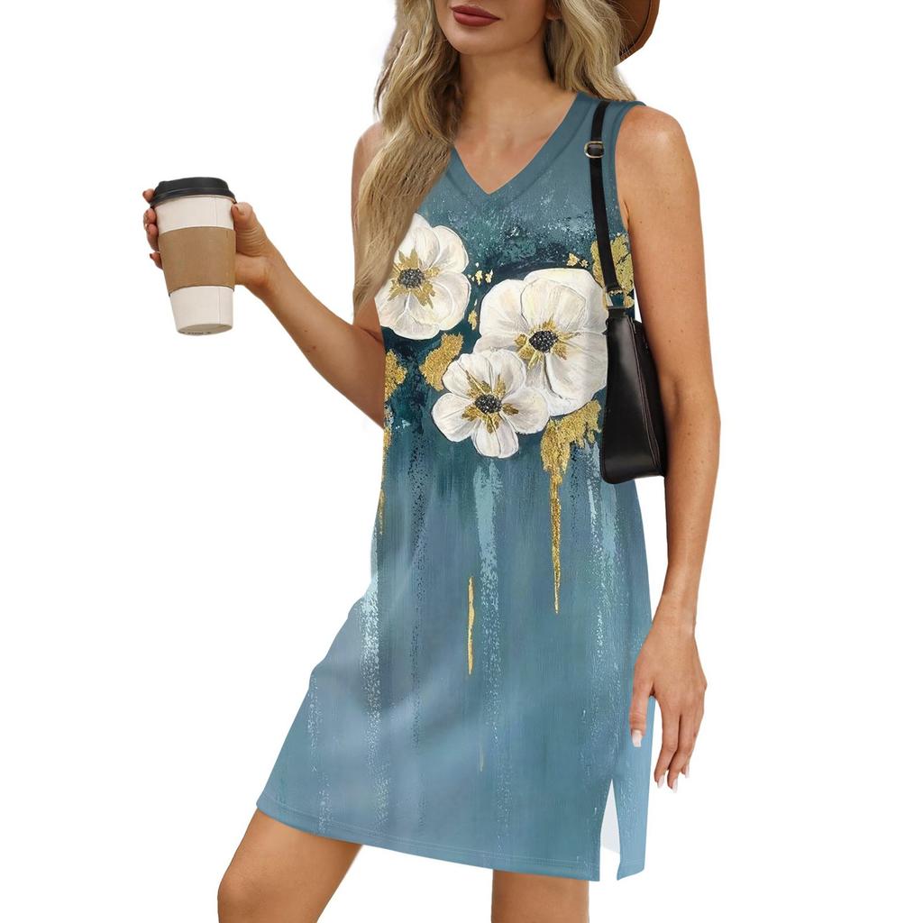 Women's V-neck Summer Casual Beach Vacation Women's Sleeveless Floral Print Sundress