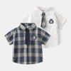 Children's Summer Clothing Boy's Short-Sleeved Shirt Kids Gingham Shirt Baby Lapel Preppy Style Tie Casual Clothes