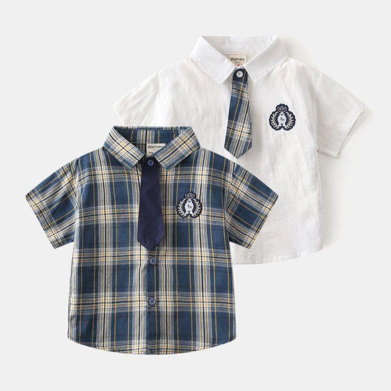 Children's Summer Clothing Boy's Short-Sleeved Shirt Kids Gingham Shirt Baby Lapel Preppy Style Tie Casual Clothes
