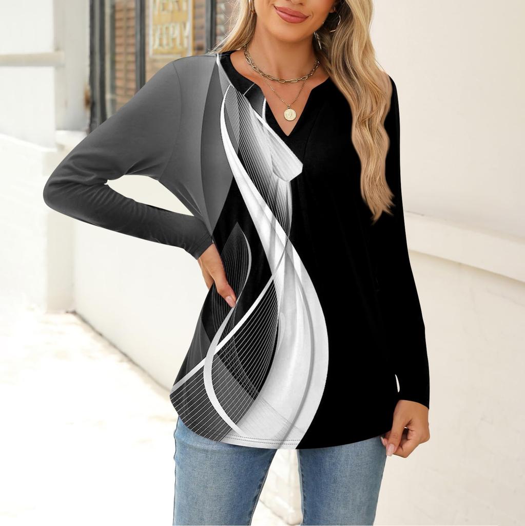 Women's Fashion Casual Long Sleeve Shirt Geometry Printed V Neck Up Tops