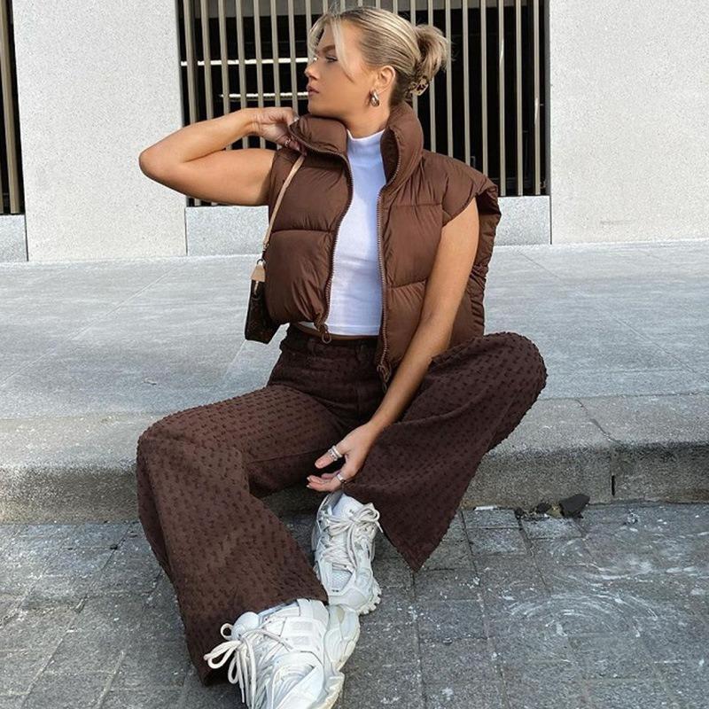 Зимний женский жилет, пальто, утолщенный, с застежкой-молнией, воротник-стойка, без рукавов, однотонный, с защитой от ветра и холода