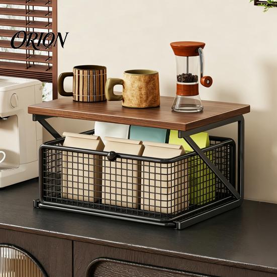 Dust Proof Storage Drawer Coffee Station Organizer with Drawer, Tiered Bar Organizer, Wooden Top Shelf, Small Desktop Furniture Wire Mesh Drawers for
