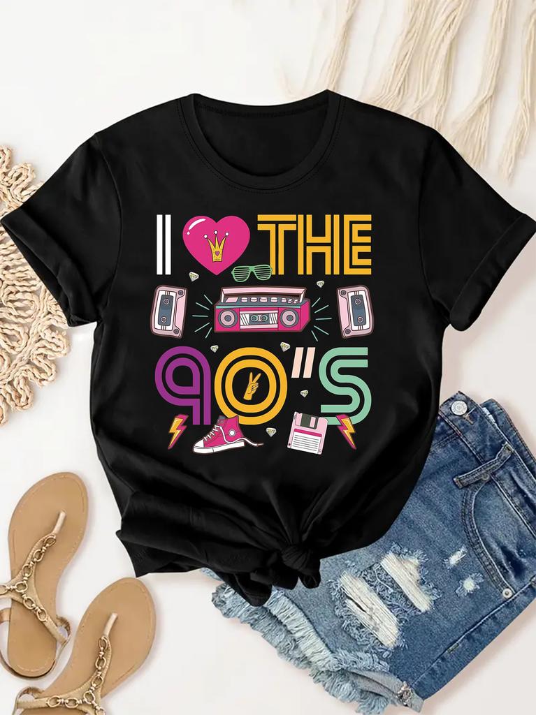 I 90S Themed Graphic Tees, Short-Sleeved Casual Round-Neck Tops, Perfect for Spring And Summer Women'S Fashion