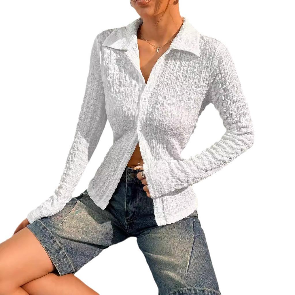Women's Elegant Solid Colour Textured Long Sleeve Fashion Shirt