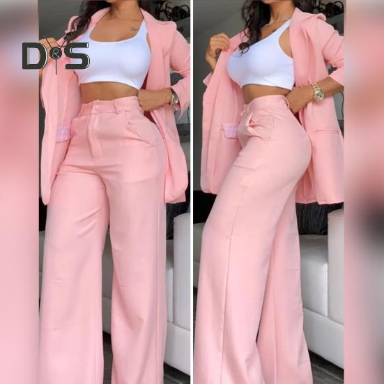2 Pcs/Set Women Coat Pants Suit Single-breasted Turn-down Collar Long Sleeve Catdigan Jacket Wide Leg Straight High Waist Pants Lady Commute Coat
