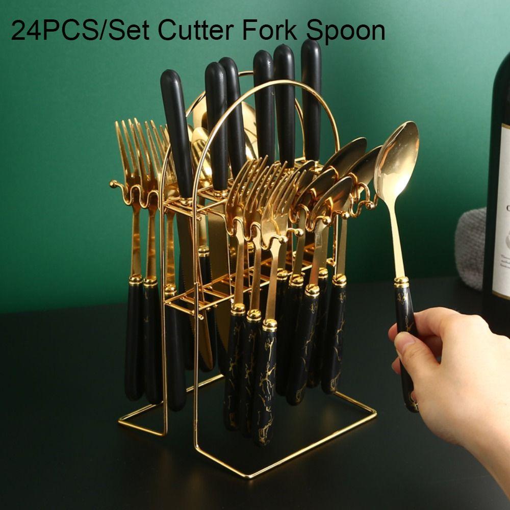 24pcs Stainless Steel Marbled Tableware Set Mirror Polished with Storage Rack Famliy Cutlery Set Nordic Style Flatware Kit