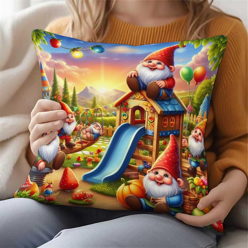 1pc Cartoon Dwarf Park Pillowcase, Tale Style Little Dwarf Playground Slide Scene Pattern Cushion Cover, Vibrant Dreamy Home Decor Pillowcase - Zipper