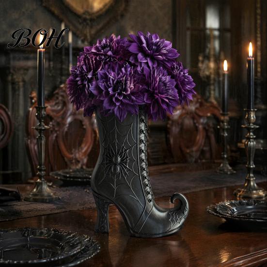 Mysterious Halloween Party Ornament Witch Boot Vase, Gothic Spider Web Flower Elegant Aesthetic Home Decor Decorative Table Centerpiece Vase