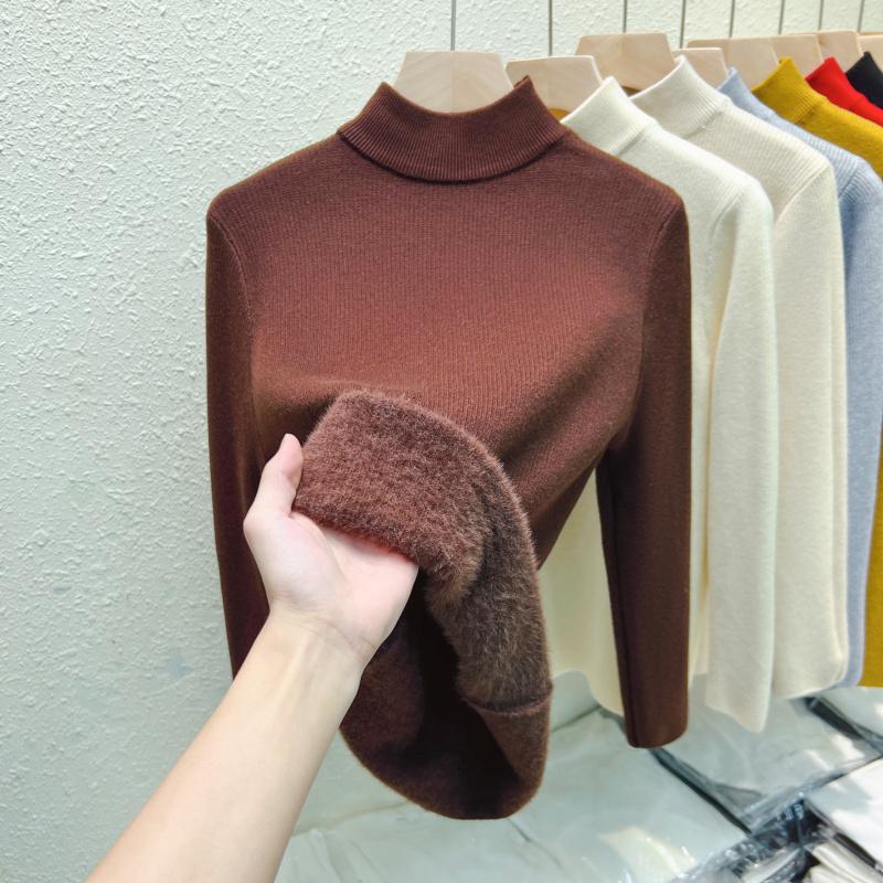 Autumn Warm Velvet Knitted Women's Sweater Casual Winter New Thicken Half High Collar Base Pullover Sweaters Elegant Solid Slim Plush Knitwears 25206