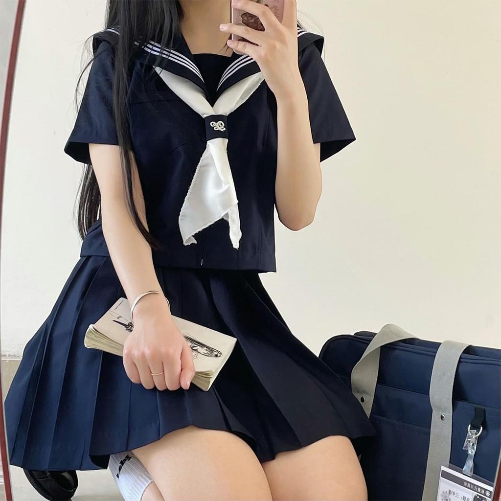 Sailor Navy for High School JK Halloween Short Front Pleated Class Authentic Navy Blue School School Graduation School Set [GSYCL] Uniform, Blue,