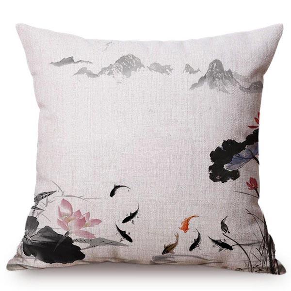 Chinese Style Vintage Ink Painting Lotus Pattern Throw Pillow Cover Classical Luxury Cushion Cover Sofa Decoration Pillowcase