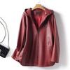 Женская hooded куртка из спилка Весна Осень Мода Простота Длинный рукав Свободная Искусственная кожа Пальто Повседневная Большого размера Куртка
