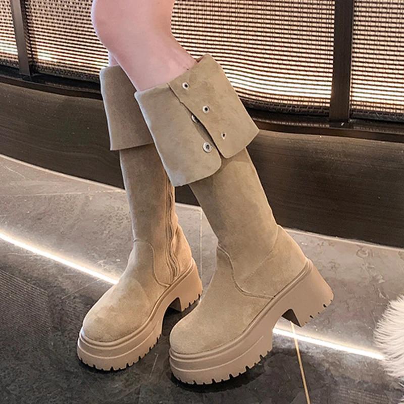 Меховые высокие сапоги на толстой платформе женские замшевые дизайнерские высокие туфли 2025 года, тренд зимы, новые модные туфли-лодочки до колена в готическом стиле Botas De Mujer