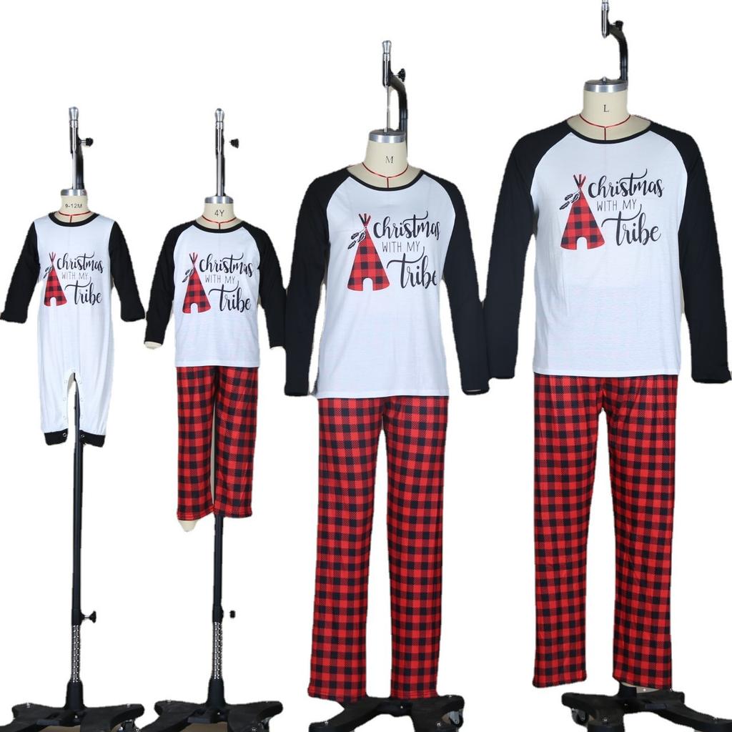 Custom Logo Family Christmas Pajamas Winter Long Sleeve Pjs Pajamas Custom Kids Pajama Set Print Top and Plaid Pants Sleepwear