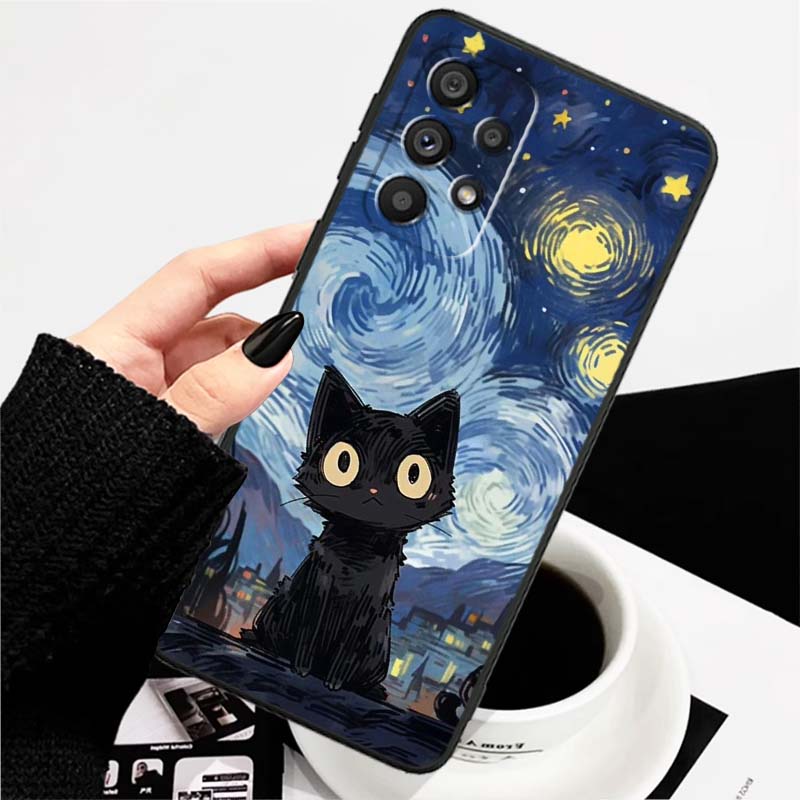 Милая мультяшная кошка Иллюстрация Чехол для телефона Для Samsung A73 A72 A71 A55 A54 A53 A52 A51 A13 A22 A16 A15 A12 A14 A26 A07 5G Черный