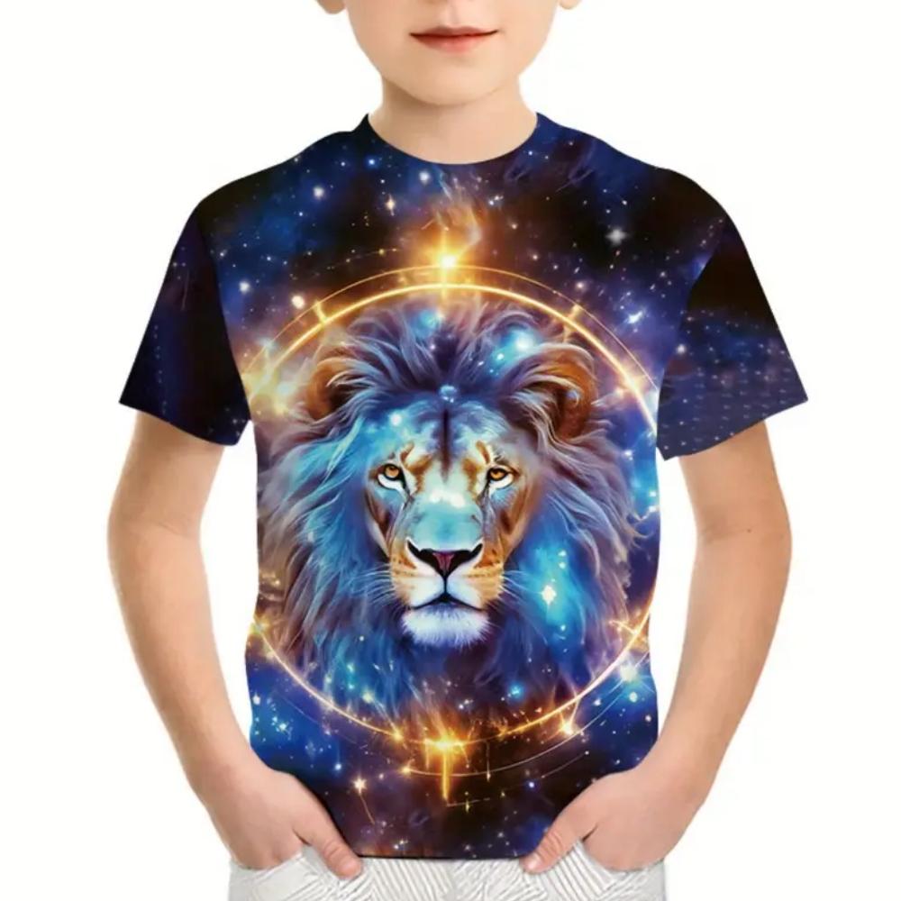Boys Kids Clothes Print Fierce Lion Graphic T Shirts Summer Outdoor Crew Neck Short Sleeves Casual Outdoor Clothes for Children