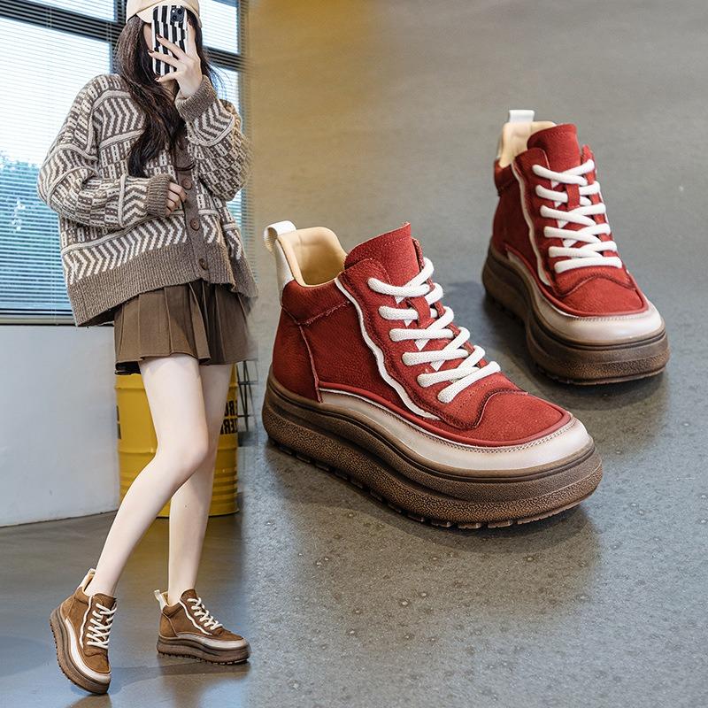 Fashion 2025 New Women Genuine Leather Ankle Boots Autumn Winter Comfortable Warm Casual Sneakers Street Retro Female Thick Bottom Shoes
