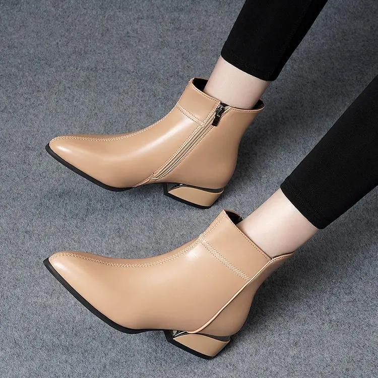 Women's Boots Fashion Casual Leather Boots Pointed Toe Office Formal Shoes for Women Zipper Ankle Boots Botas De Mujer