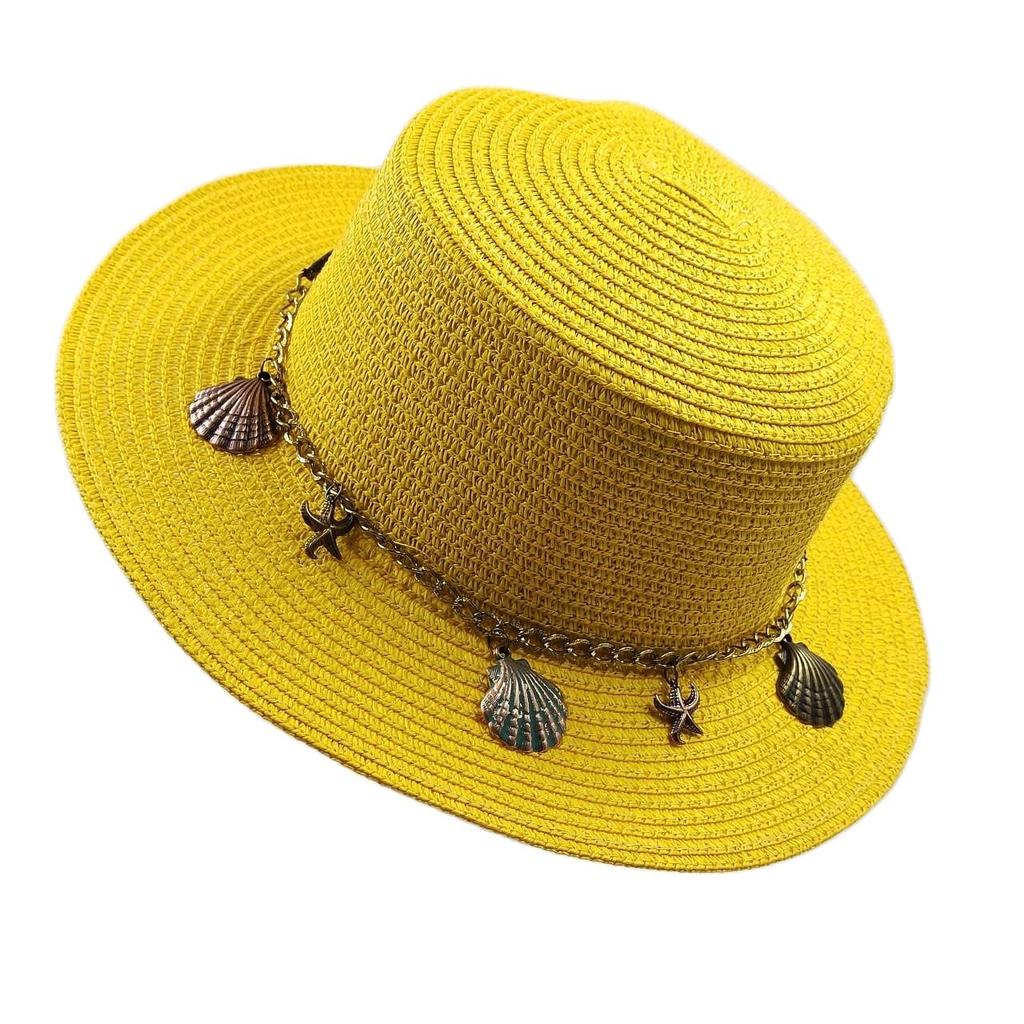 Flat Top Straw Hat Belt Accessories Leisure Summer Sunscreen Hat Women's Fashionable Beach Boater Hat Gifts 2023