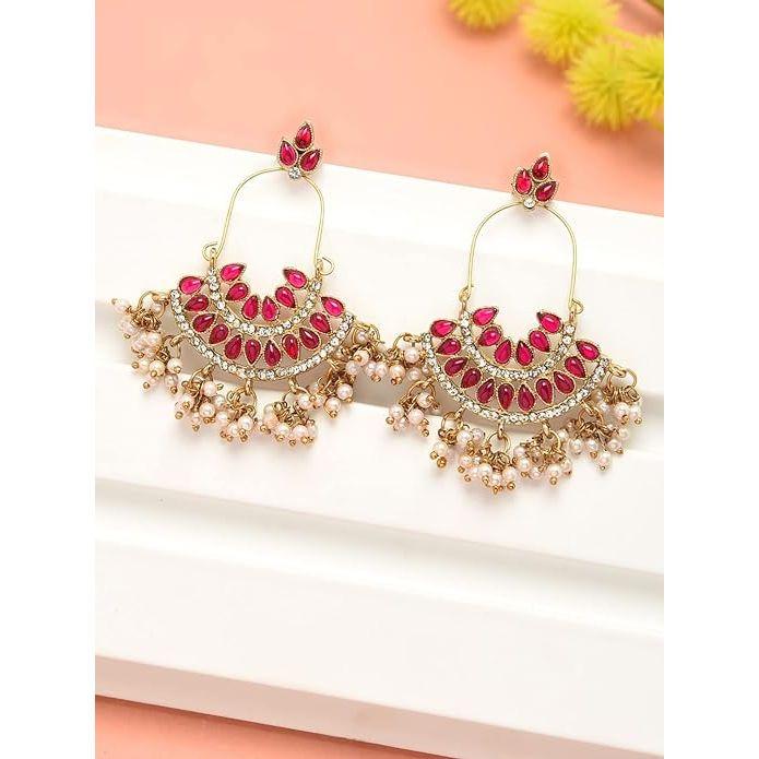 Pink Kundan Austrian Diamonds & Beads Dangle Ethnic Earrings For Women