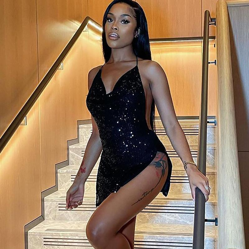 Уличные сексуальные короткие женские платья с открытой спиной и полым висячим вырезом