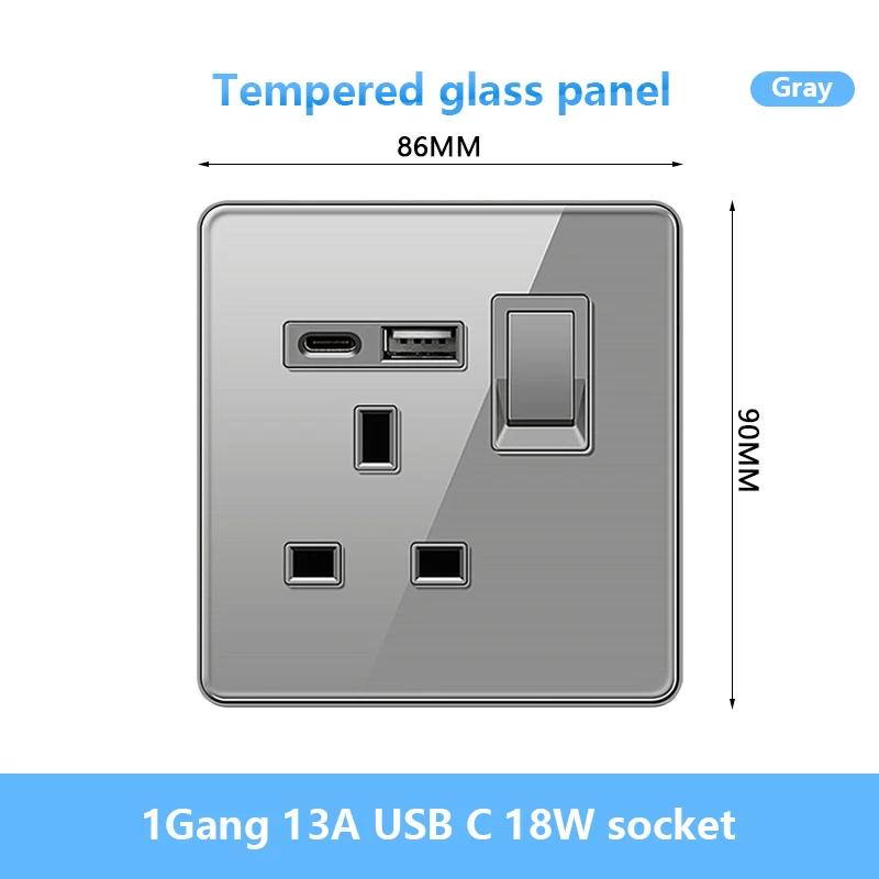 Универсальная настенная розетка Type-C мощностью 18 Вт с портами USB, быстрая зарядка, панель из закаленного стекла, розетка питания, стандарт Великобритании, двойная зарядная розетка USB