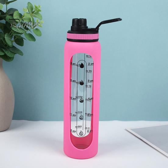 Стеклянная бутылка для воды с силиконовым чехлом и маркером времени 1000 мл, герметичная боросиликатная чашка для воды для спорта, фитнеса, офиса, горячих и холодных напитков без BPA, подарок