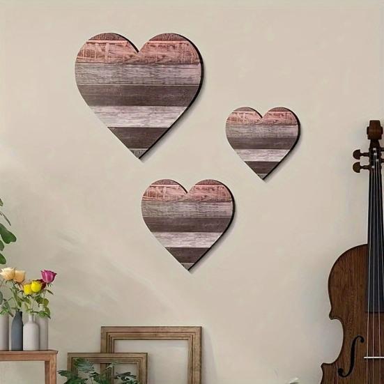 3 Pcs Wooden Heart Wall Decor Vintage Heart Shaped Wall Sign Rustic Hanging Love Plaque for Kitchen Bedroom Bathroom Living Room Farmhouse