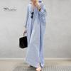 Women Spring Dress Shirt Type Striped Print Lapel Long Sleeve Loose Single-breasted Split Hem Plus Size Soft Breathable Lady Maxi Dress