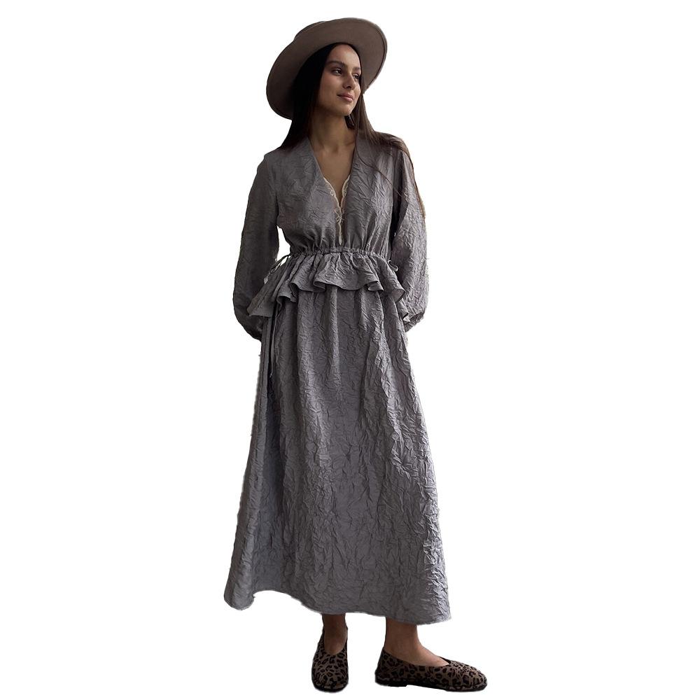 Платье с плиссированной текстурой Европейское и американское весенне-летнее новое платье с воротником-оборочкой, рукавами-фонариками, кружевом